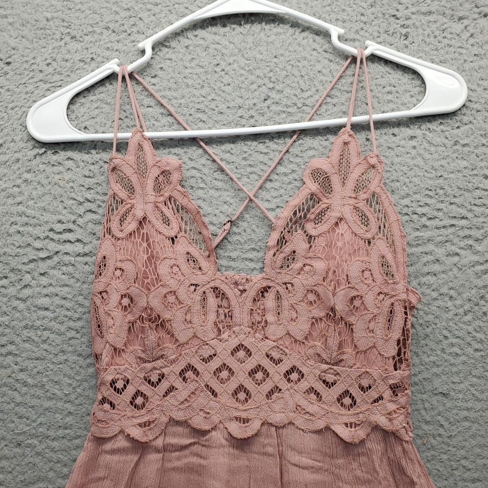 Free People Adella Slip Dress Womens XS Pink Lace‎ Detail Ruffle Smocked Back - Picture 3 of 9